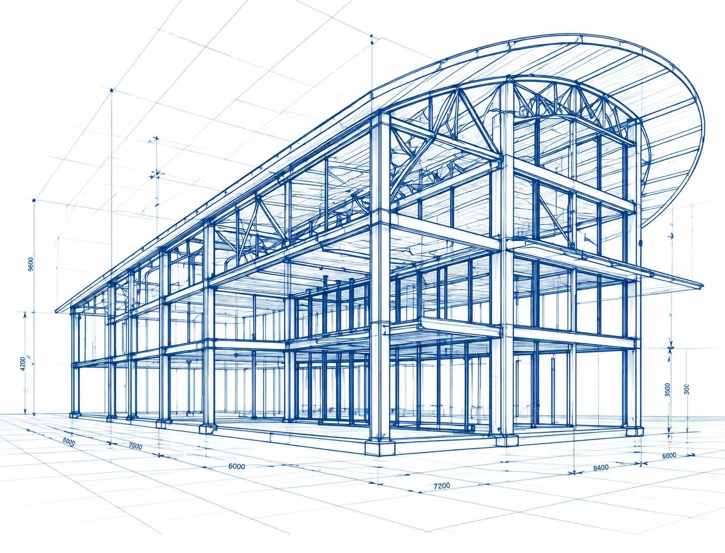 Architectural steel structure supporting an architecturally distinctive building