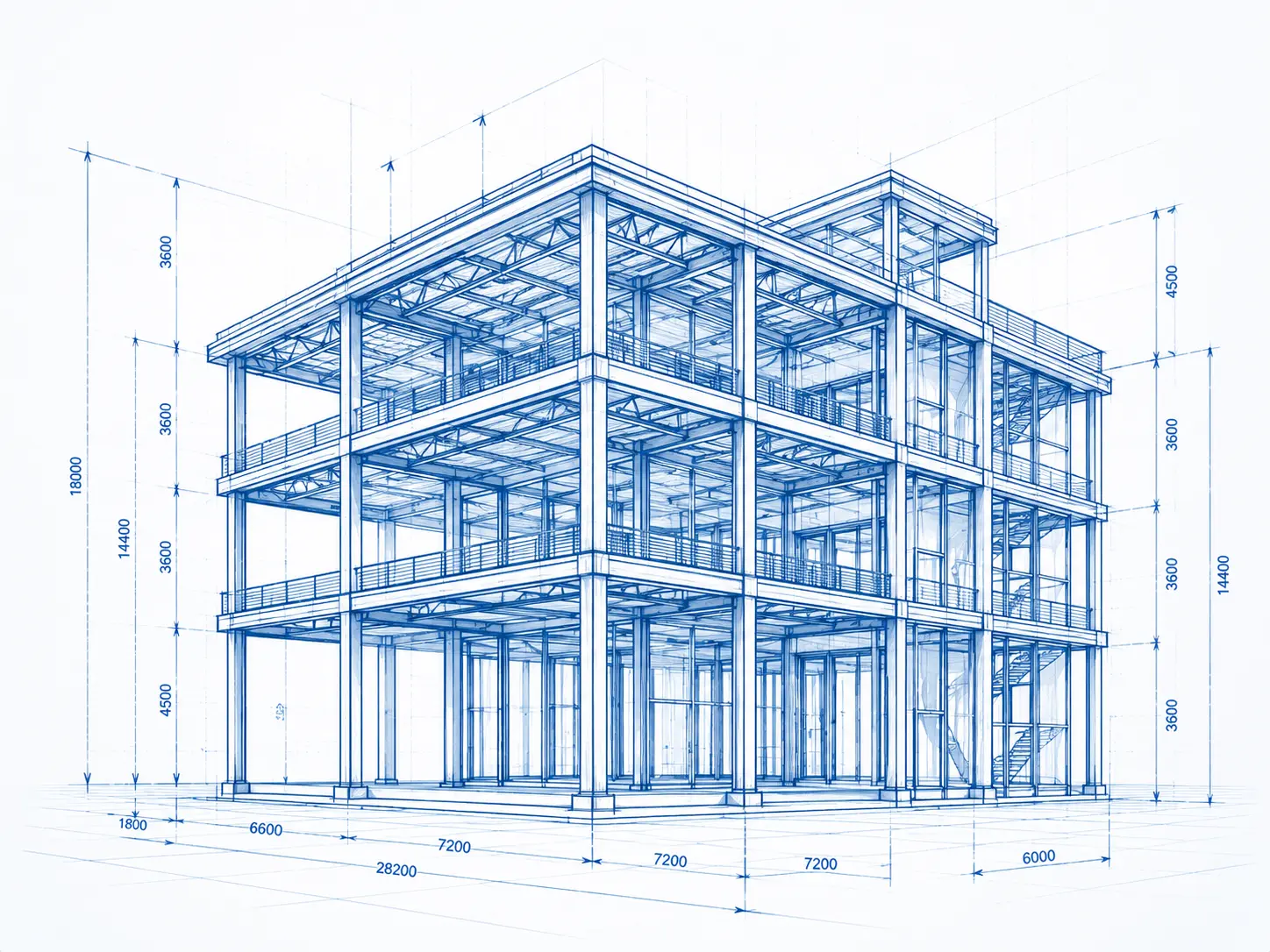 Multi storey steel building with structural steel columns, beams and floor framing